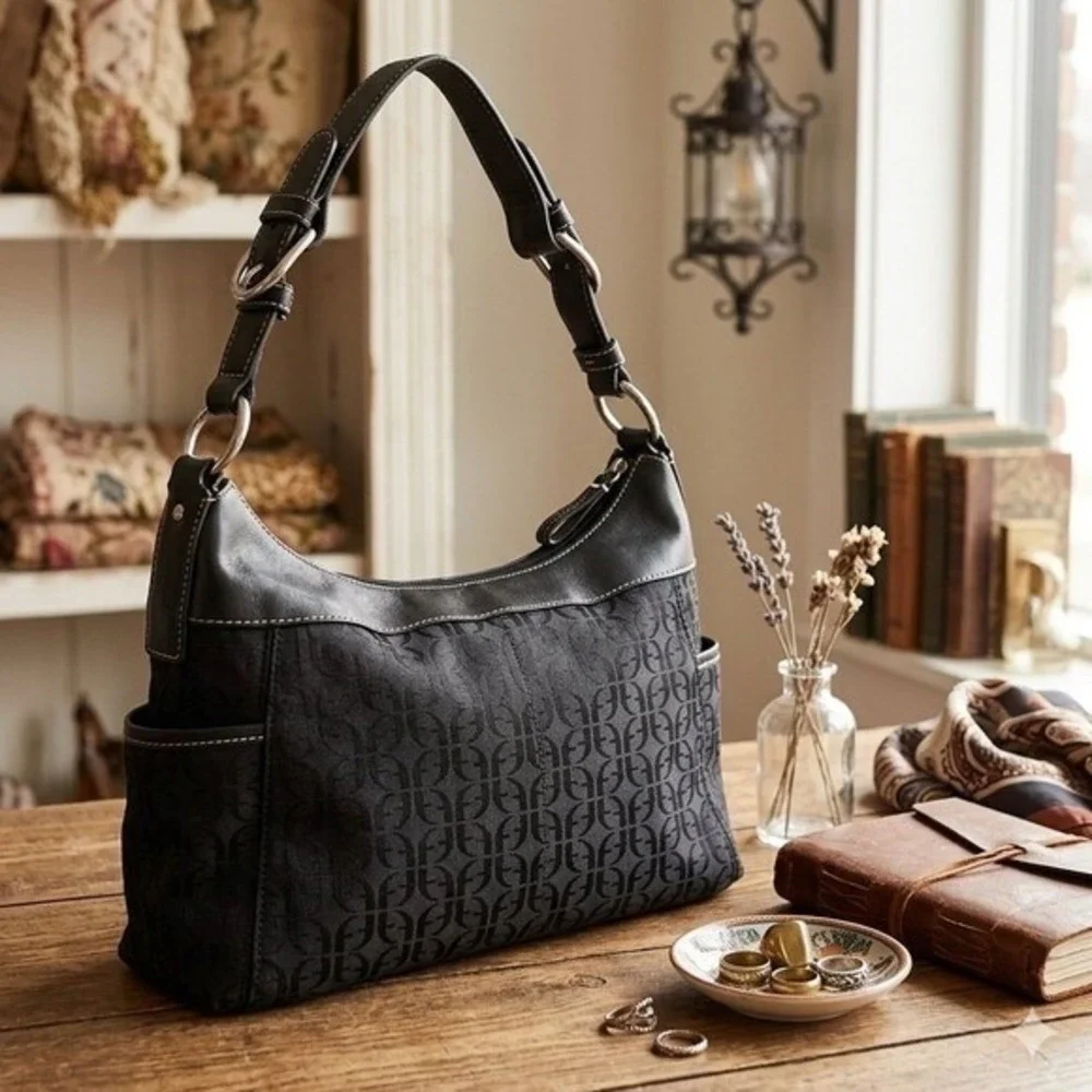 Fossil Vintage Shoulder Bag Black Signature Monogram Jacquard Leather Retro Y2K